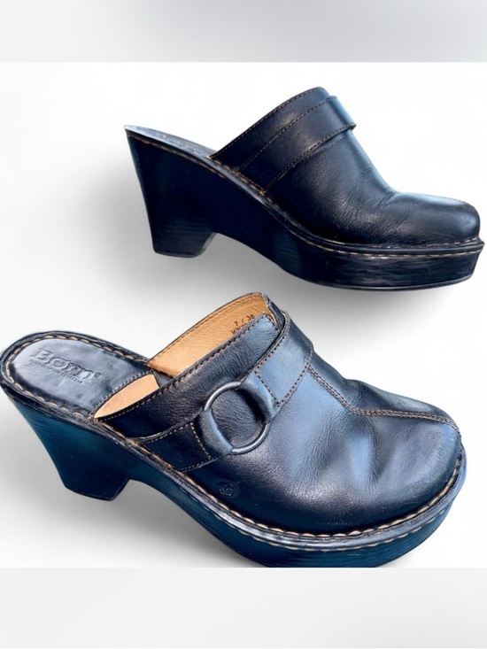Born Shoes - Børn Black Leather O-Ring Clog Mules 3.5" Heel Size 7